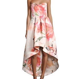 Roxanne Strapless Floral Satin High-Low Gown, Tiger Lily, Size 4